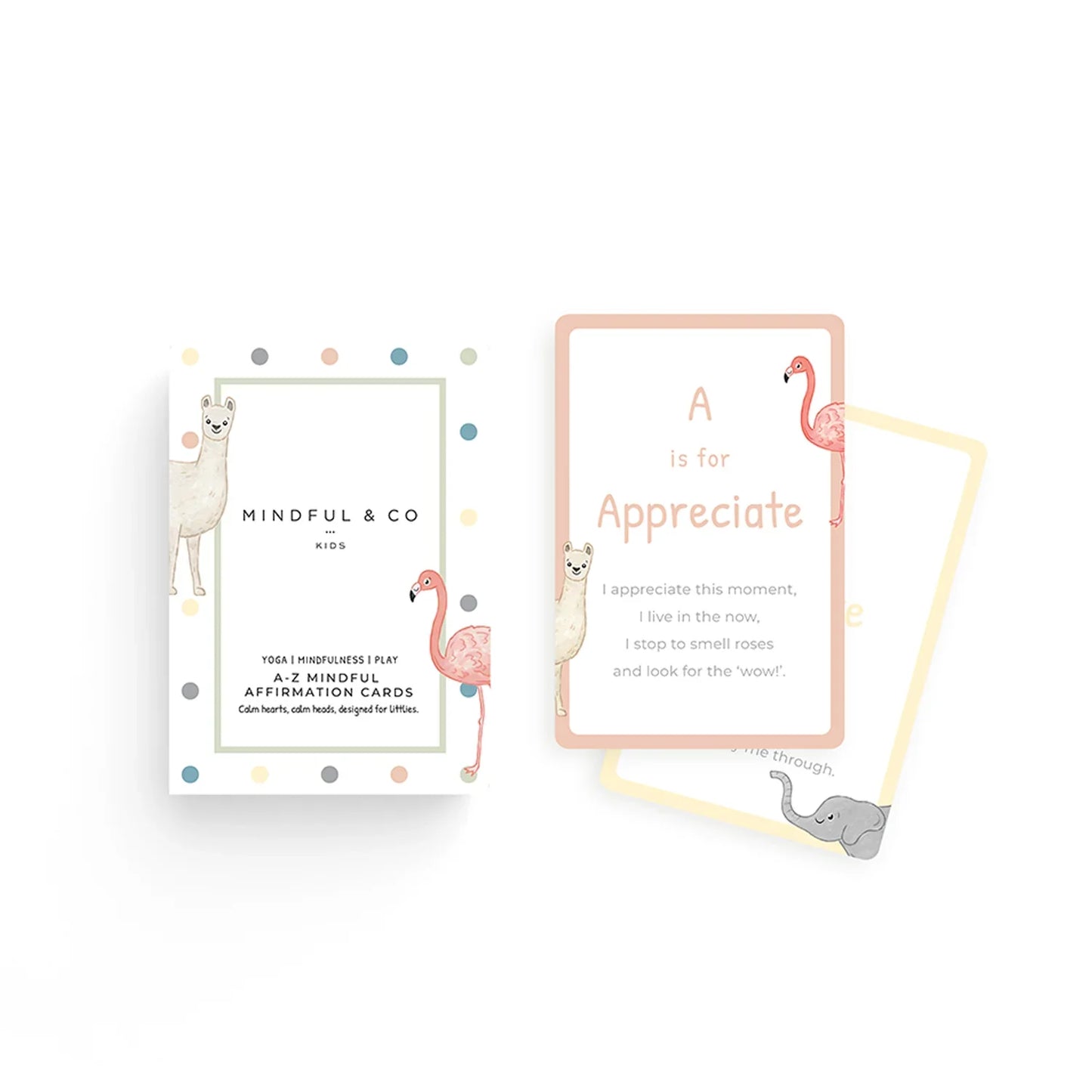 Mindful & Co kids A-Z mindful affirmation cards featuring illustrated animals for yoga and mindfulness. Come see us at Awaken, Franklin, Tennessee