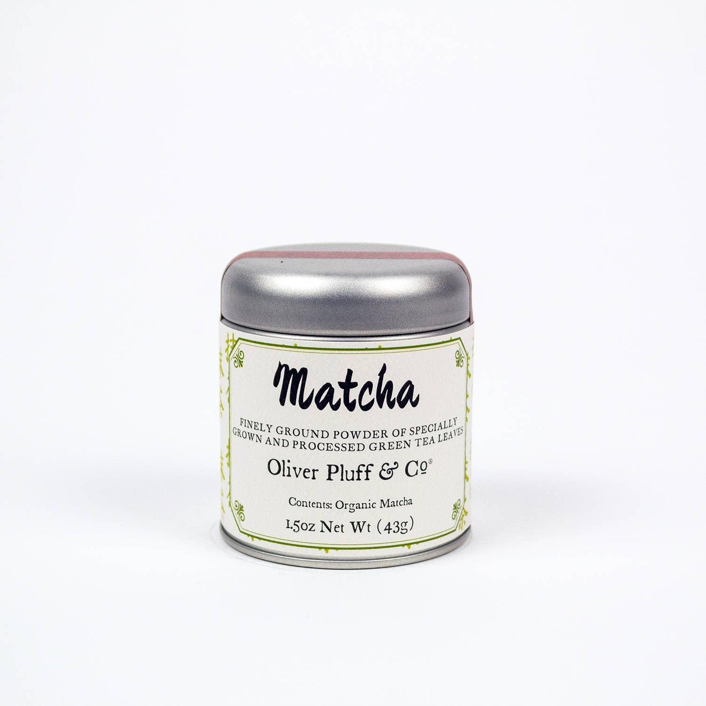 Organic Matcha green tea powder tin by Oliver Pluff & Co, 1.5oz, minimalist white background. Come see us at Awaken, Franklin, Tennessee
