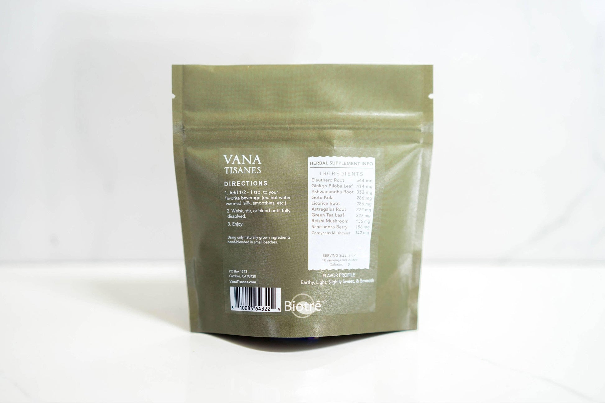 Back of Vana Tisanes herbal tea package with ingredients and directions. Come see us at Awaken, Franklin, Tennessee