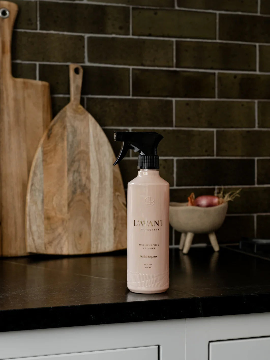 L'AVANT Collective multipurpose cleaner on kitchen counter with wood cutting boards, Come see us at Awaken, Franklin, Tennessee