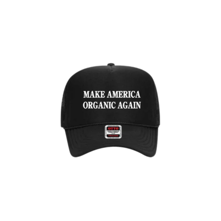 Black hat with 'Make America Organic Again' text, Come see us at Awaken, Franklin, Tennessee