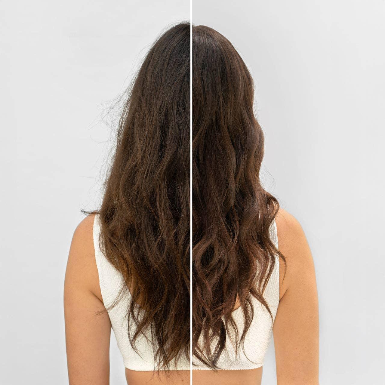Before and after hair treatment comparison showing smoother, shinier brown hair on right, wavy texture on left, woman in white top, Come see us at Awaken, Franklin, Tennessee