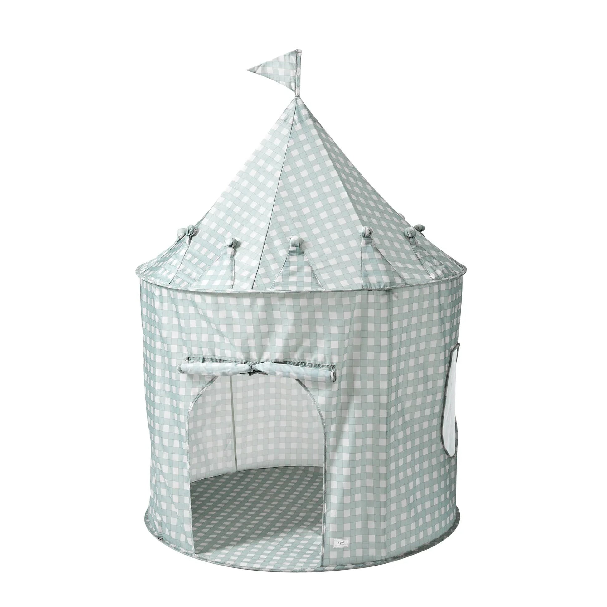 Green and white checkered kids play tent shaped like a castle with flag, indoor playhouse. Come see us at Awaken, Franklin, Tennessee