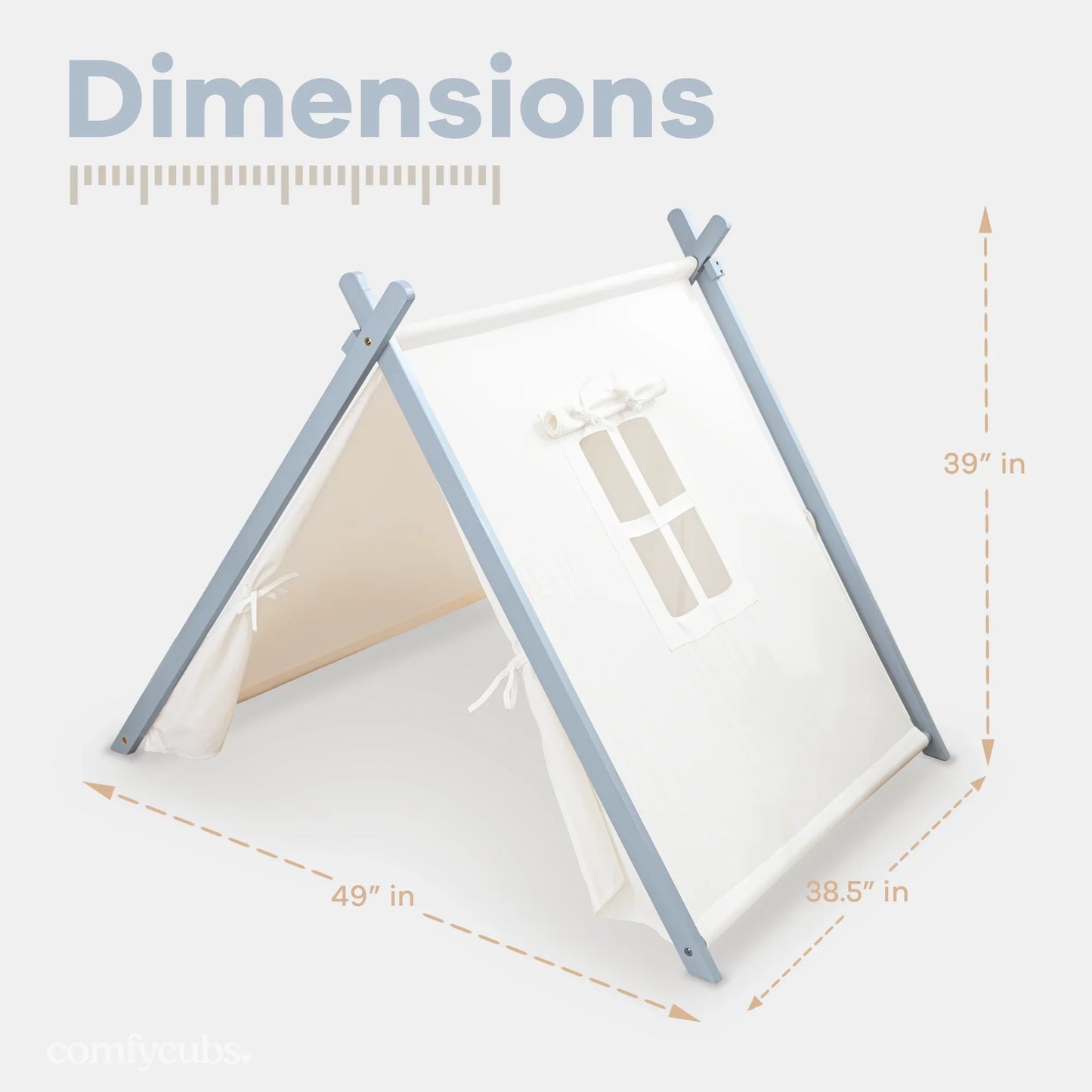 Kids play tent with window, blue frame, dimensions 49x39x38.5 inches. Come see us at Awaken, Franklin, Tennessee.