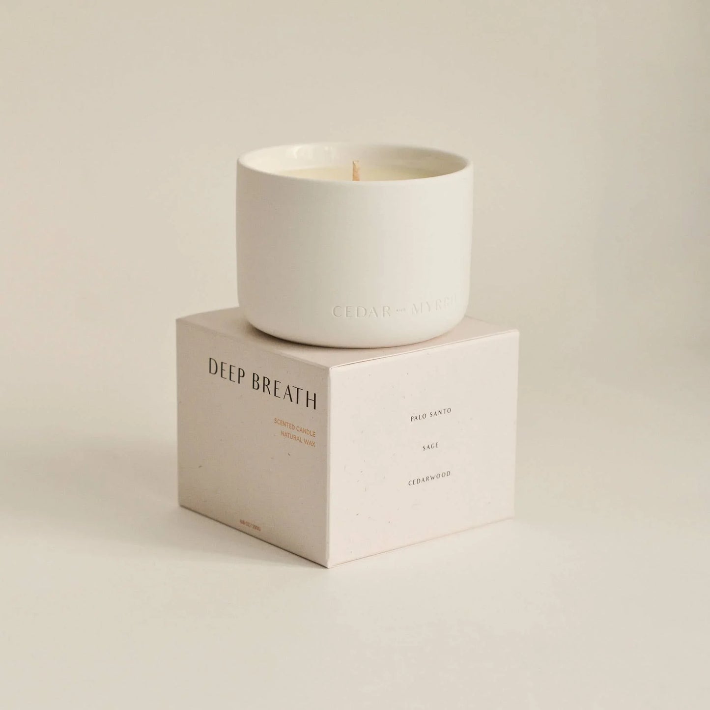 Deep Breath scented candle in minimalist white jar on box, Come see us at Awaken, Franklin, Tennessee