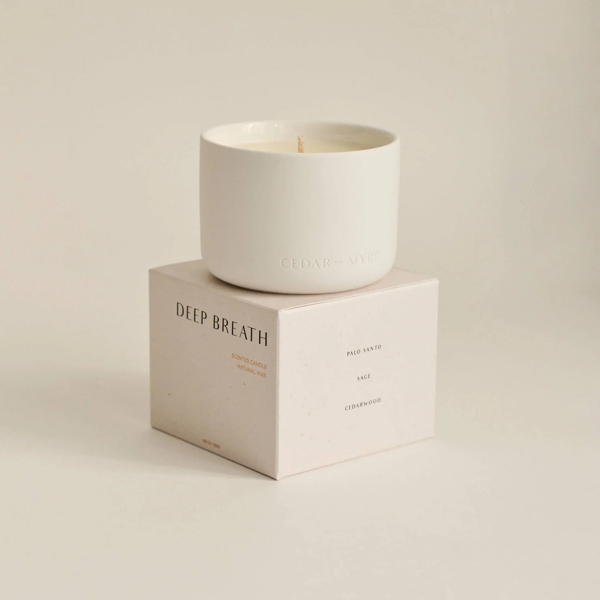 Deep Breath scented candle in minimalist white jar on box, Come see us at Awaken, Franklin, Tennessee
