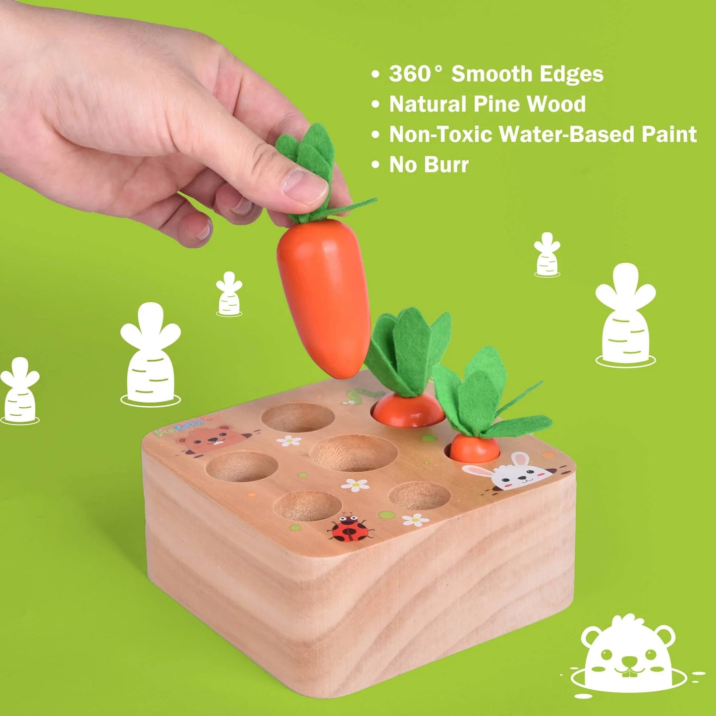 Wooden carrot toy puzzle with smooth edges and hand, Come see us at Awaken, Franklin, Tennessee