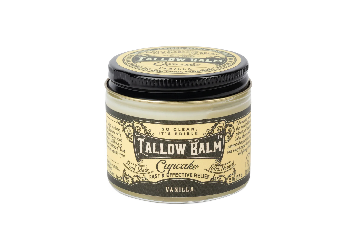 Vanilla scented Tallow Balm cream jar with black lid, handmade and 100% natural relief, Come see us at Awaken, Franklin, Tennessee
