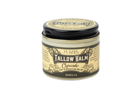Vanilla scented Tallow Balm cream jar with black lid, handmade and 100% natural relief, Come see us at Awaken, Franklin, Tennessee