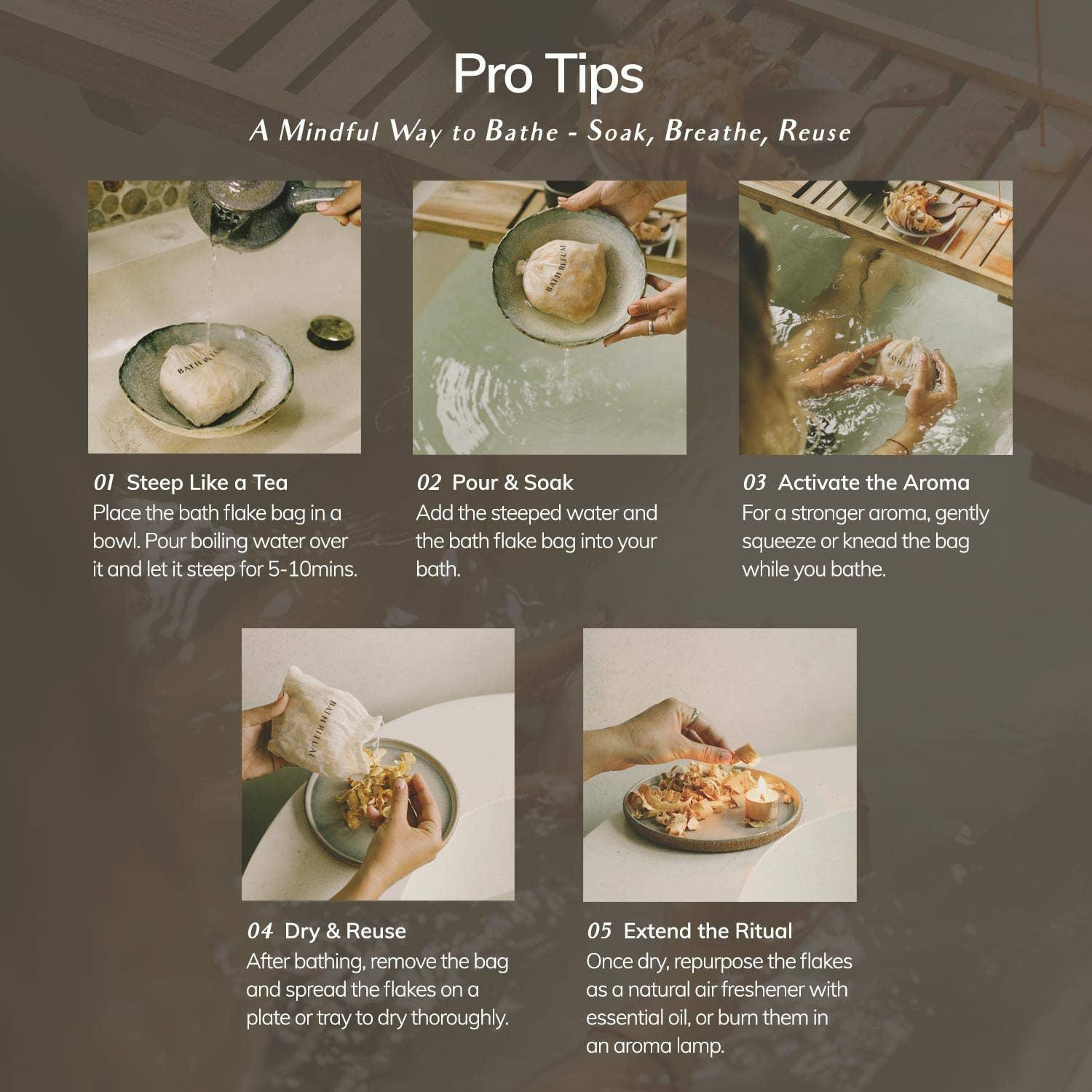 Step-by-step mindful bath tips with bath flake bags and bowls, natural aroma ritual. Come see us at Awaken, Franklin, Tennessee