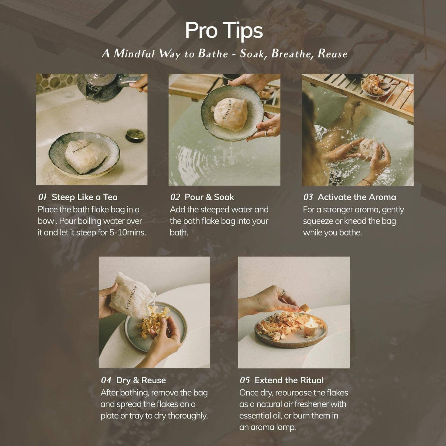 A step-by-step guide showing bath flake bag preparation and reuse in a mindful bathing ritual. Come see us at Awaken, Franklin, Tennessee