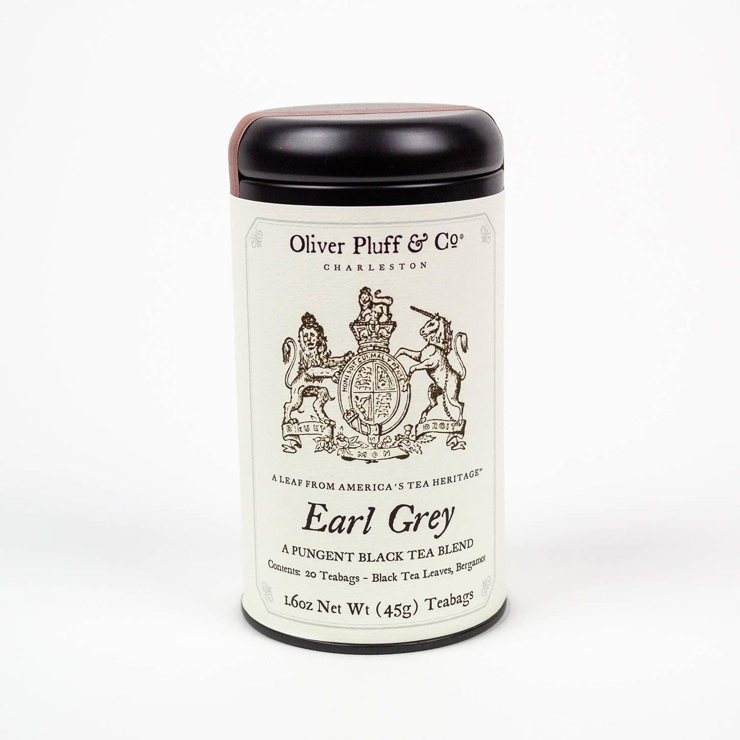 Oliver Pluff & Co Earl Grey black tea tin with 20 teabags, elegant packaging. Come see us at Awaken, Franklin, Tennessee