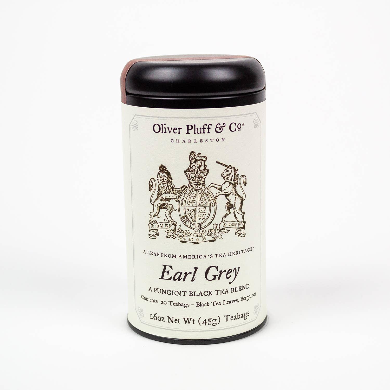 Oliver Pluff & Co Earl Grey black tea tin with 20 teabags, elegant packaging. Come see us at Awaken, Franklin, Tennessee