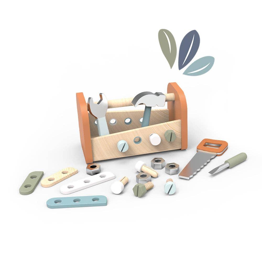 Wooden toy toolbox with hammer, wrench, saw, and screwdriver with nuts and bolts, Come see us at Awaken, Franklin, Tennessee