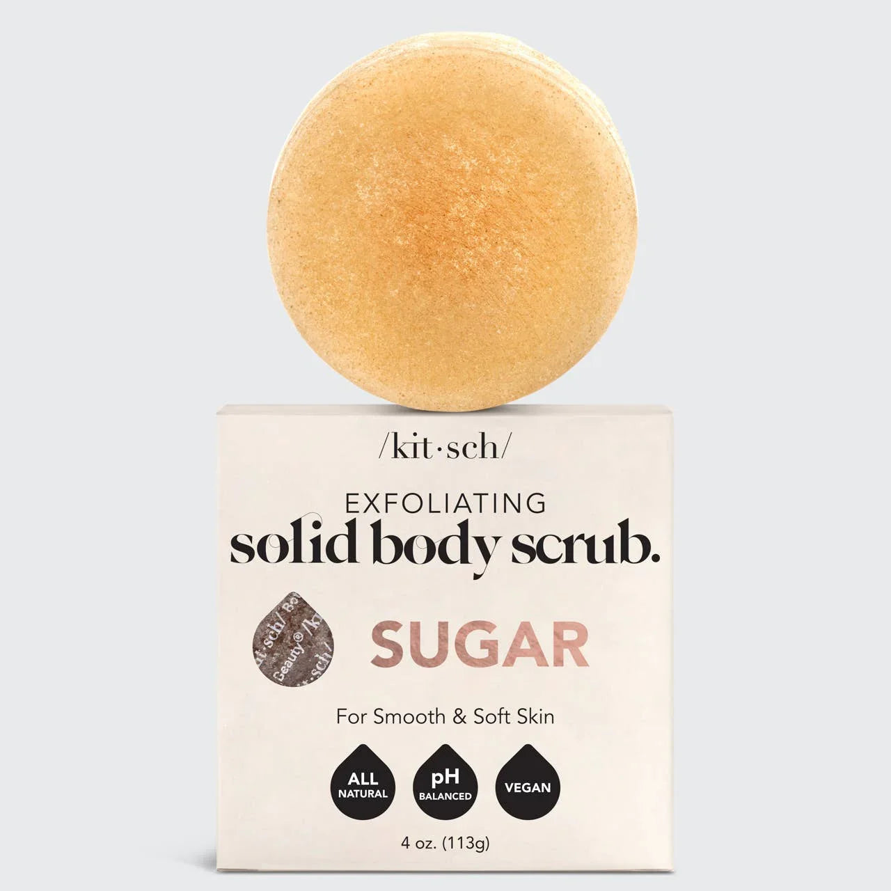 Kitsch exfoliating solid sugar body scrub on packaging, vegan and natural—Come see us at Awaken, Franklin, Tennessee