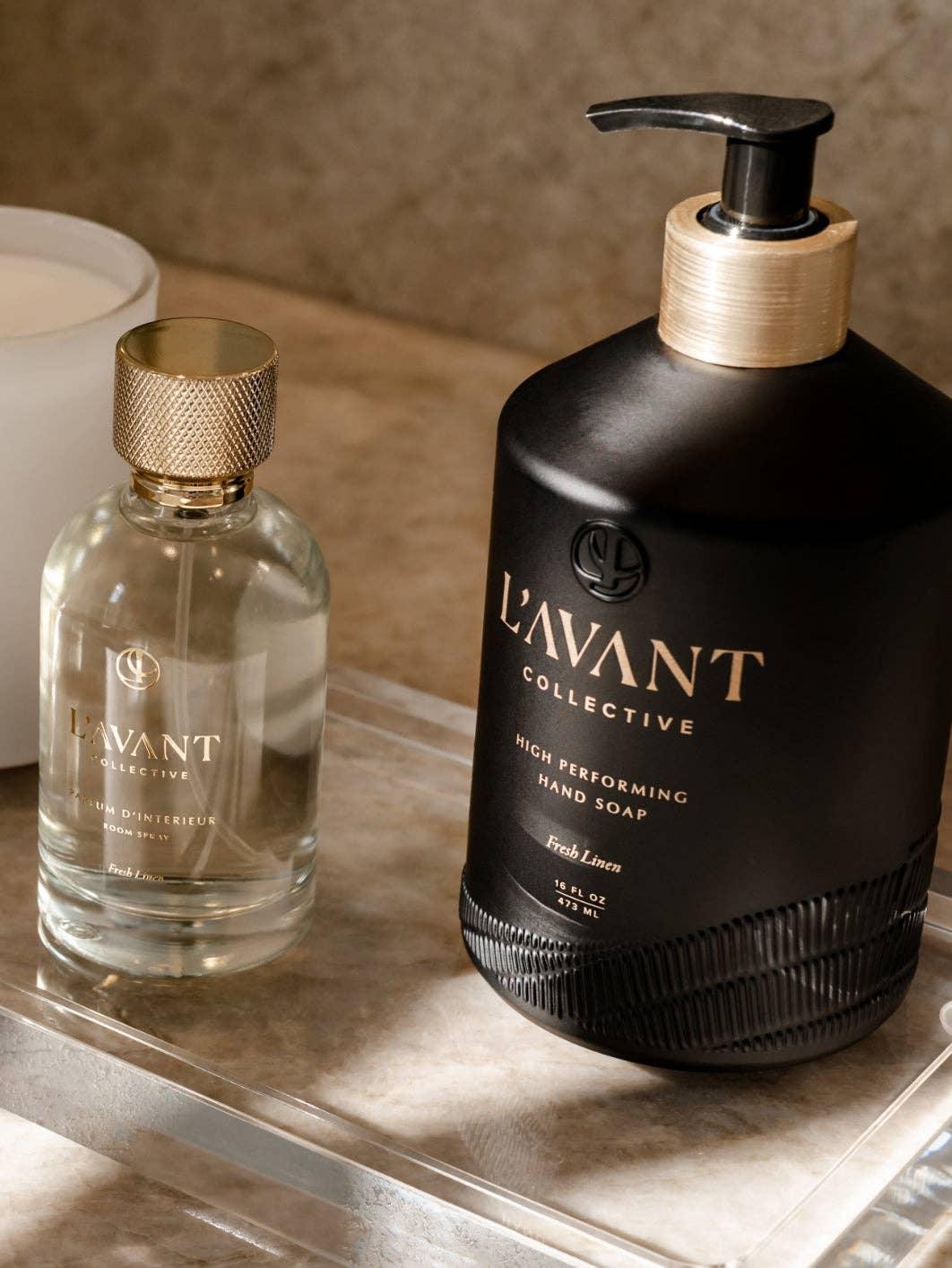 L’AVANT Collective hand soap and room spray on a tray, Come see us at Awaken, Franklin, Tennessee