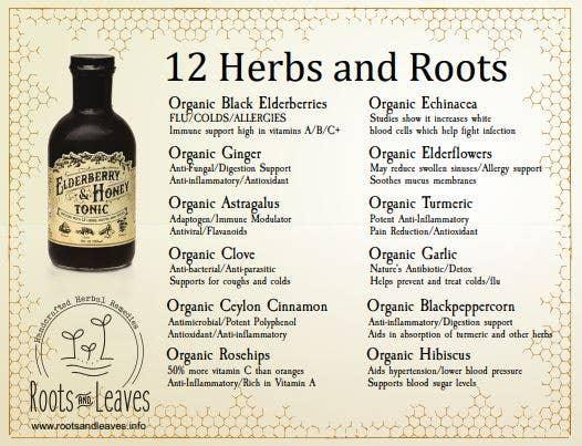 Elderberry & honey tonic bottle with benefits of 12 herbs and roots listed on label. Come see us at Awaken, Franklin, Tennessee