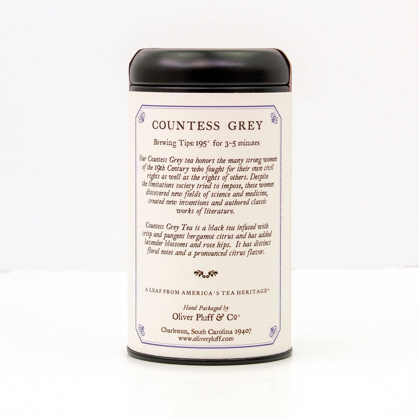 Countess Grey black tea tin with brewing tips and description by Oliver Pluff, Charleston. Come see us at Awaken, Franklin, Tennessee