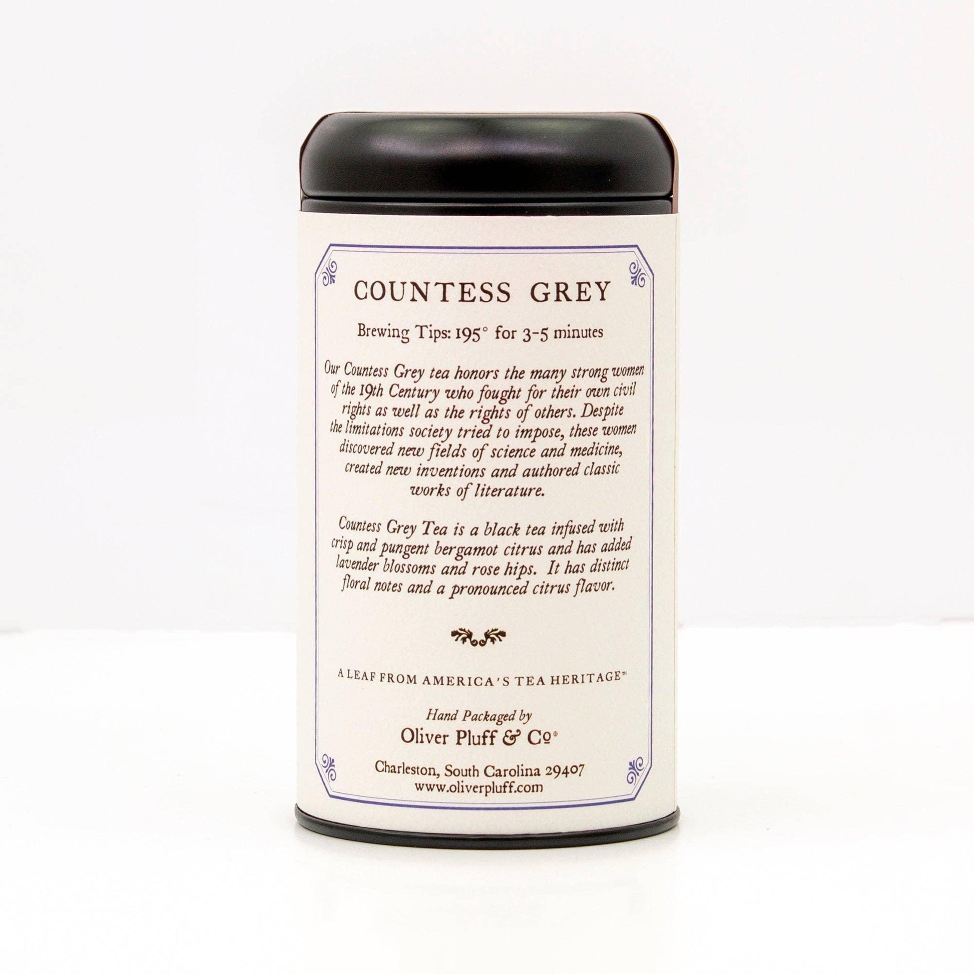 Countess Grey black tea tin with brewing tips and description by Oliver Pluff, Charleston. Come see us at Awaken, Franklin, Tennessee