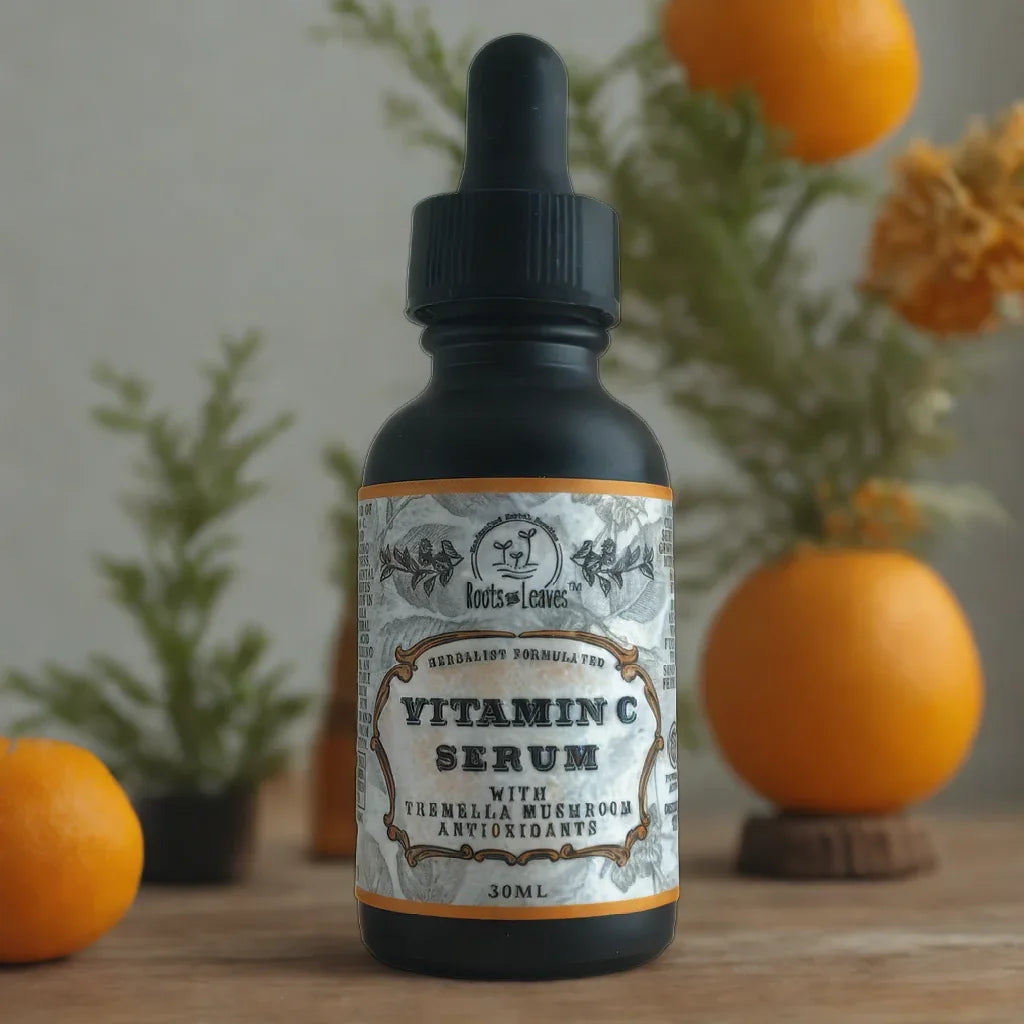 Roots & Leaves Vitamin C Serum bottle with tremella mushroom antioxidants on wooden table with oranges and greenery. Come see us at Awaken, Franklin, Tennessee