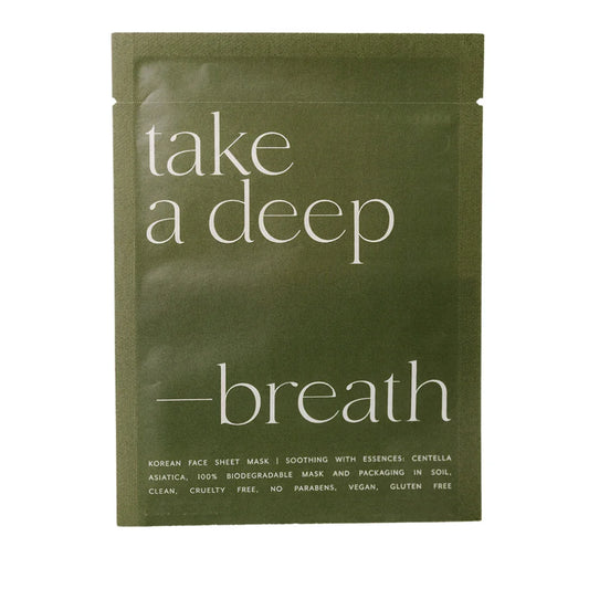 Green Korean face sheet mask packet with 'take a deep breath' text, vegan and cruelty free. Come see us at Awaken, Franklin, Tennessee