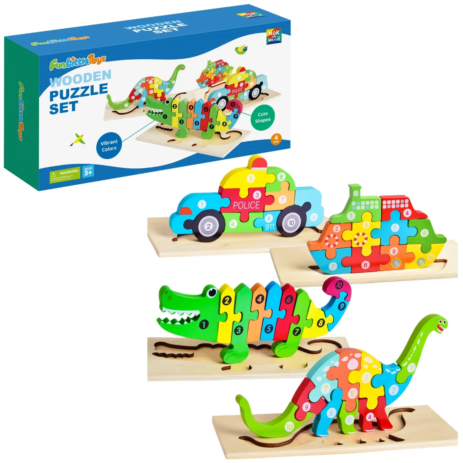 Wooden puzzle set with animal and vehicle shapes, vibrant colors, Come see us at Awaken, Franklin, Tennessee