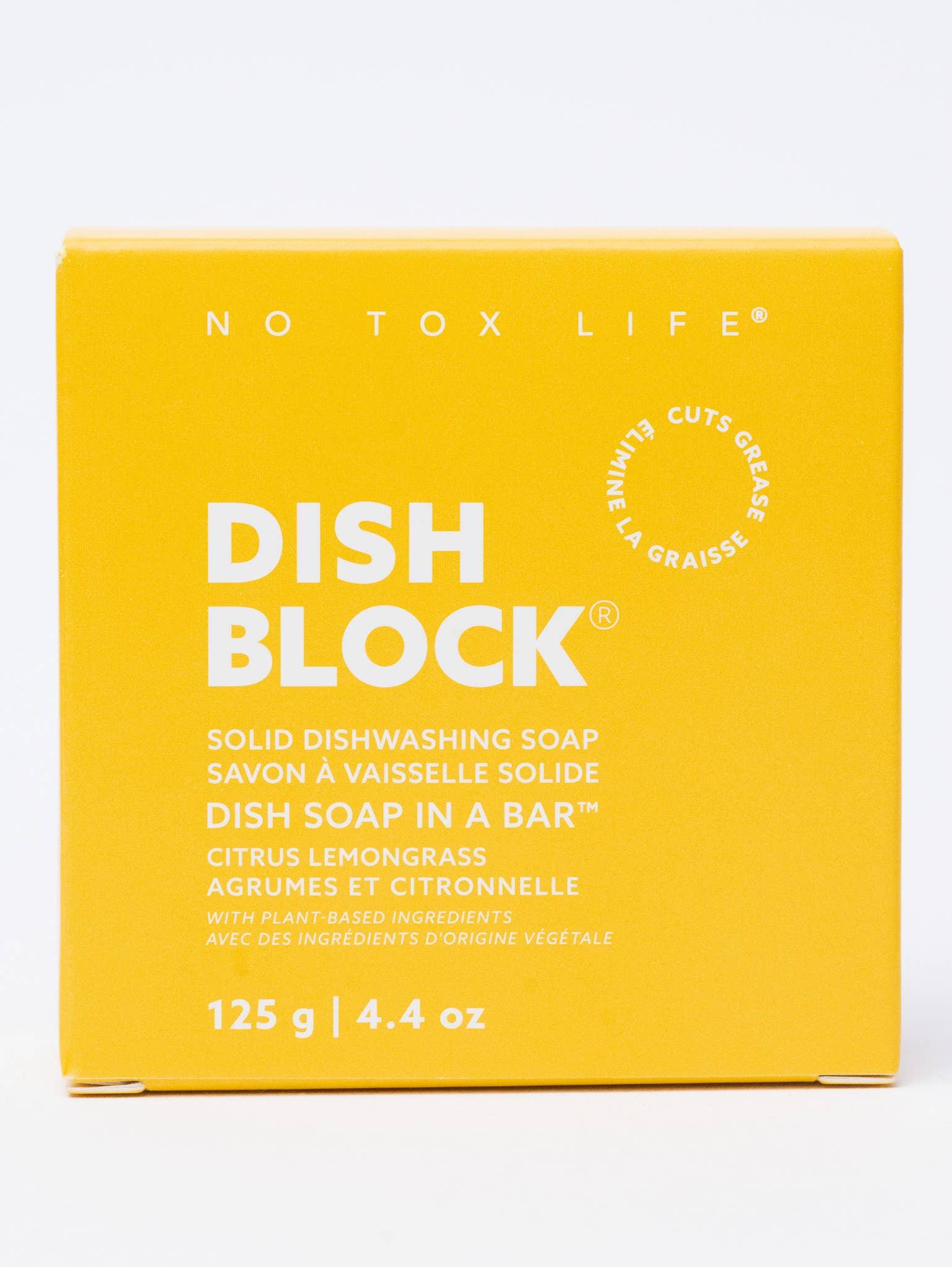 Yellow box of No Tox Life Dish Block solid dishwashing soap, citrus lemongrass scent. Come see us at Awaken, Franklin, Tennessee