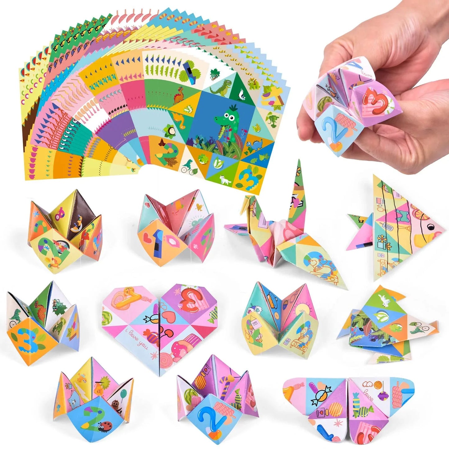 Colorful origami fortune teller paper crafts with cute animal designs, Come see us at Awaken, Franklin, Tennessee
