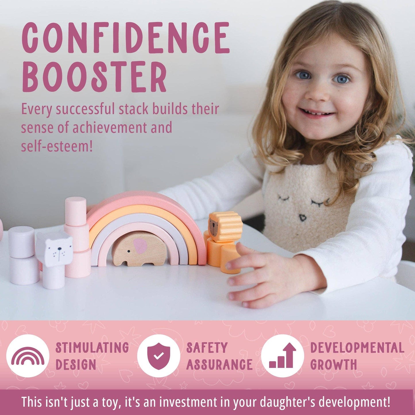 Young girl playing with colorful wooden stacking toys promoting confidence and development. Come see us at Awaken, Franklin, Tennessee