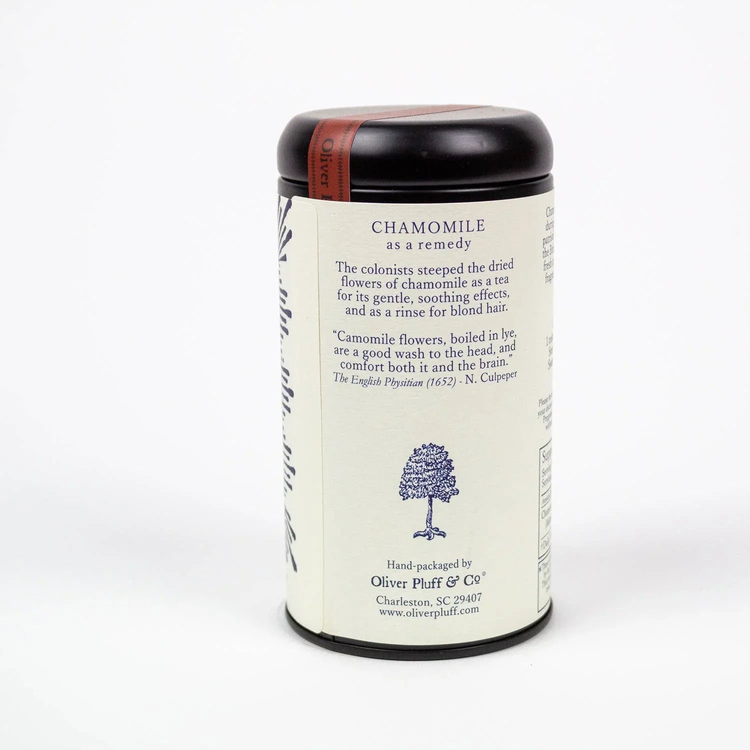 Chamomile loose leaf tea container by Oliver Pluff & Co with remedy info, Come see us at Awaken, Franklin, Tennessee