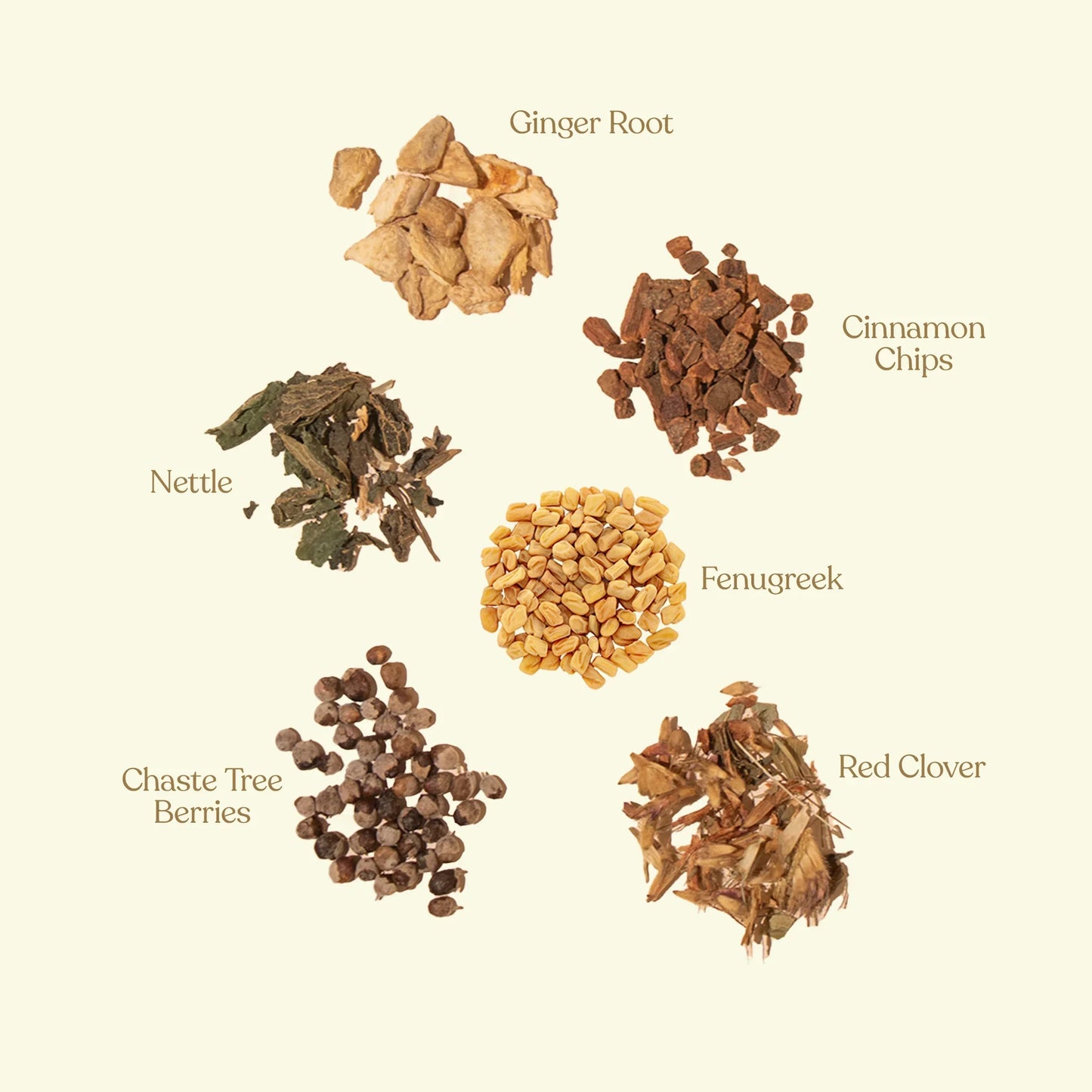 Dried herbs and spices including ginger root, cinnamon chips, nettle, fenugreek, chaste tree berries, and red clover. Come see us at Awaken, Franklin, Tennessee