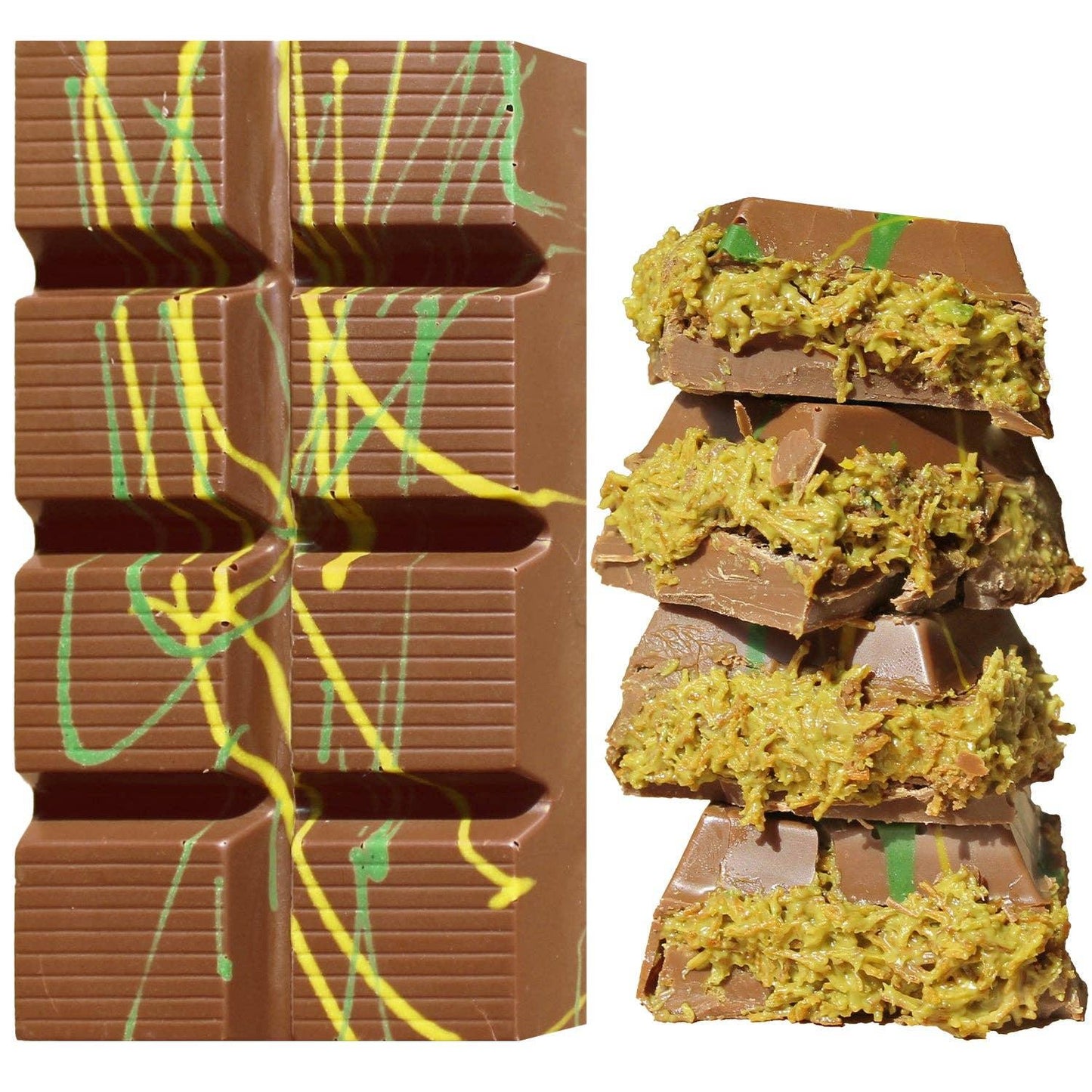 Milk chocolate bar with green and yellow drizzle, filled with coconut, Come see us at Awaken, Franklin, Tennessee