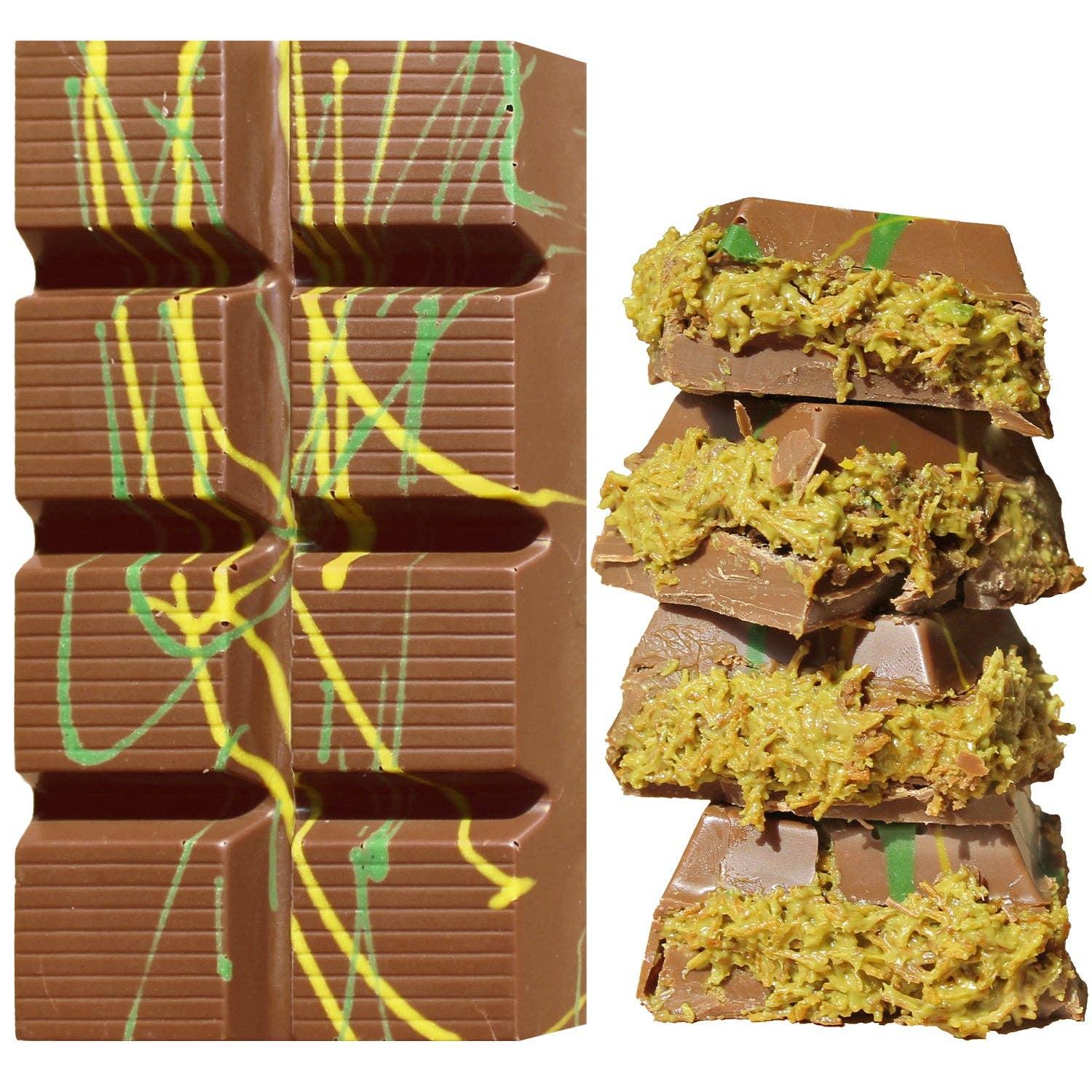 Milk chocolate bar with green and yellow drizzle, filled with coconut, Come see us at Awaken, Franklin, Tennessee