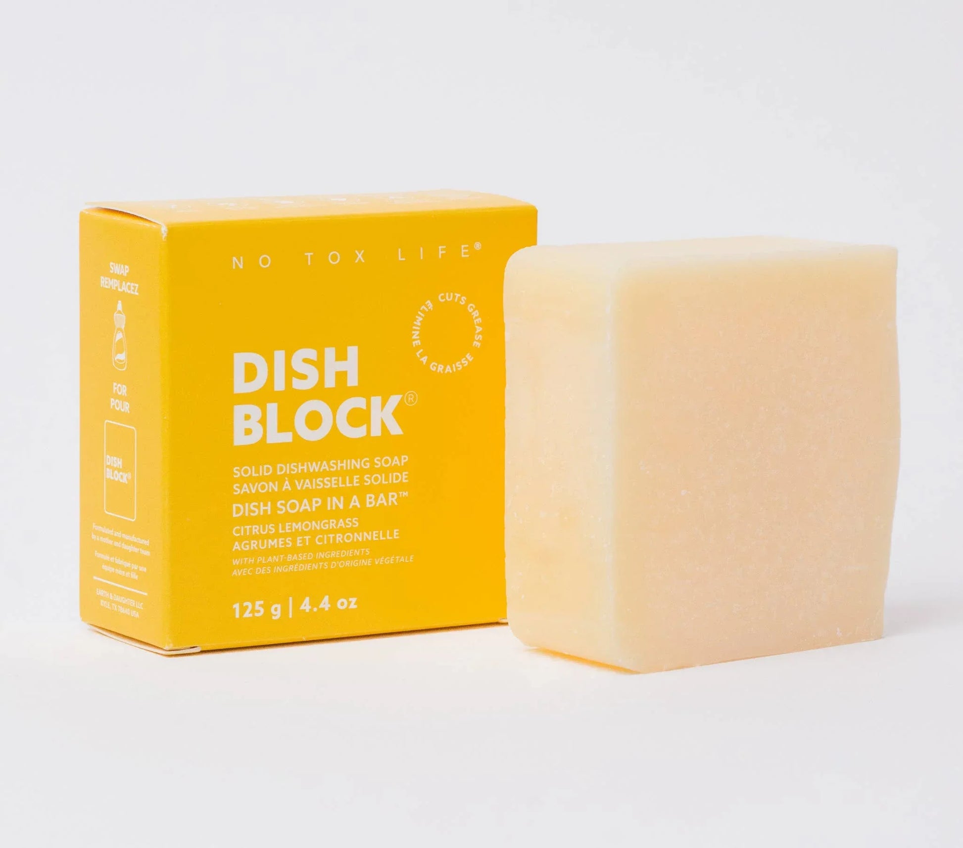 Solid citrus lemongrass dish soap bar with yellow packaging, eco-friendly cleaning product. Come see us at Awaken, Franklin, Tennessee