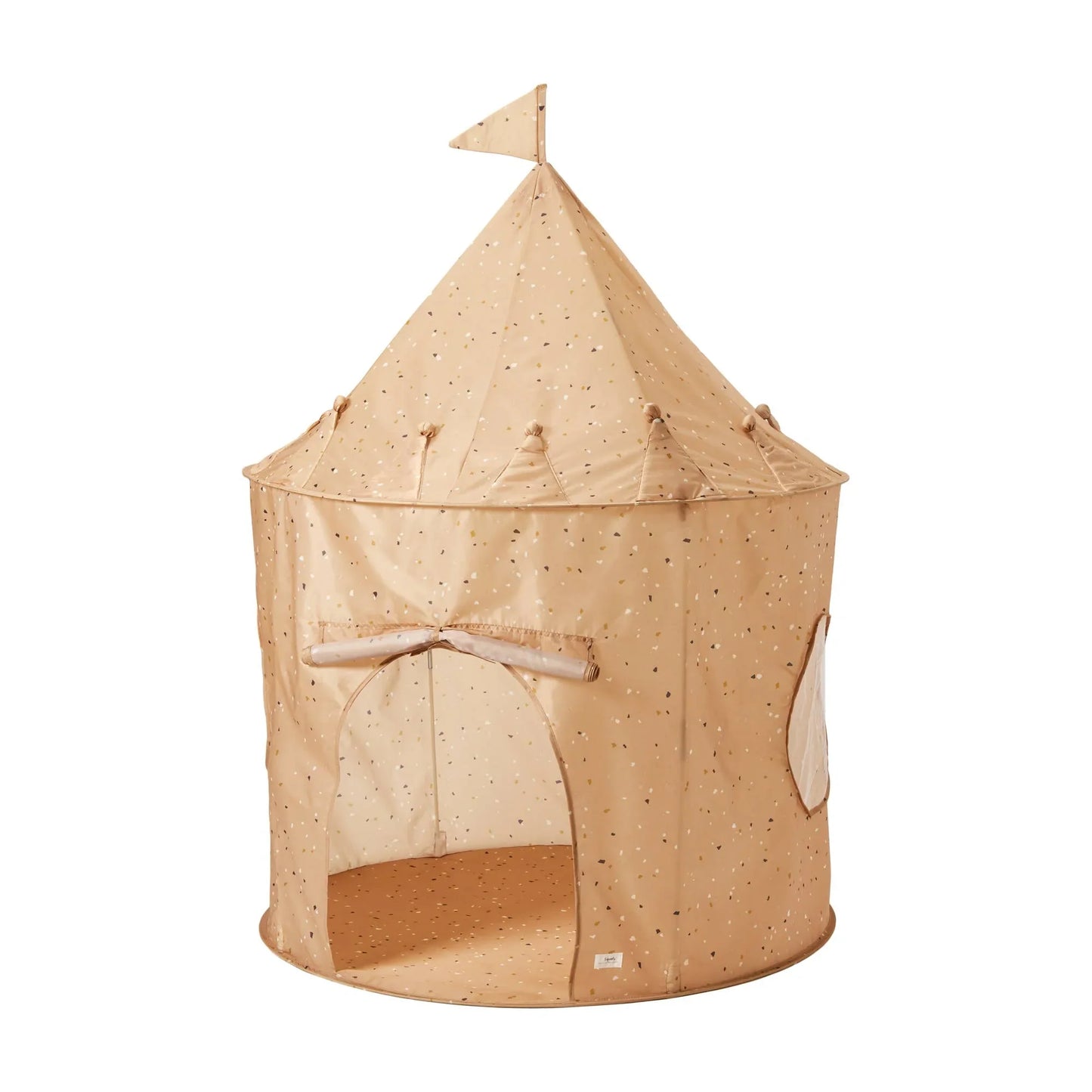 Children's beige play tent with flag and window, polka dot pattern, indoor kids castle. Come see us at Awaken, Franklin, Tennessee