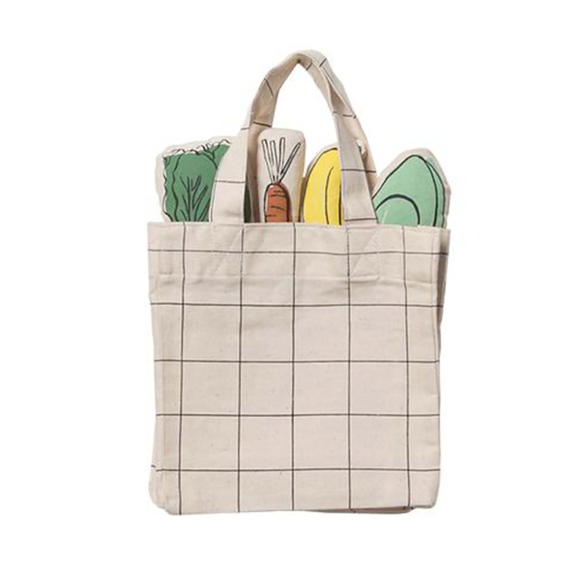 Tote bag with grid pattern holding plush vegetables, Come see us at Awaken, Franklin, Tennessee.