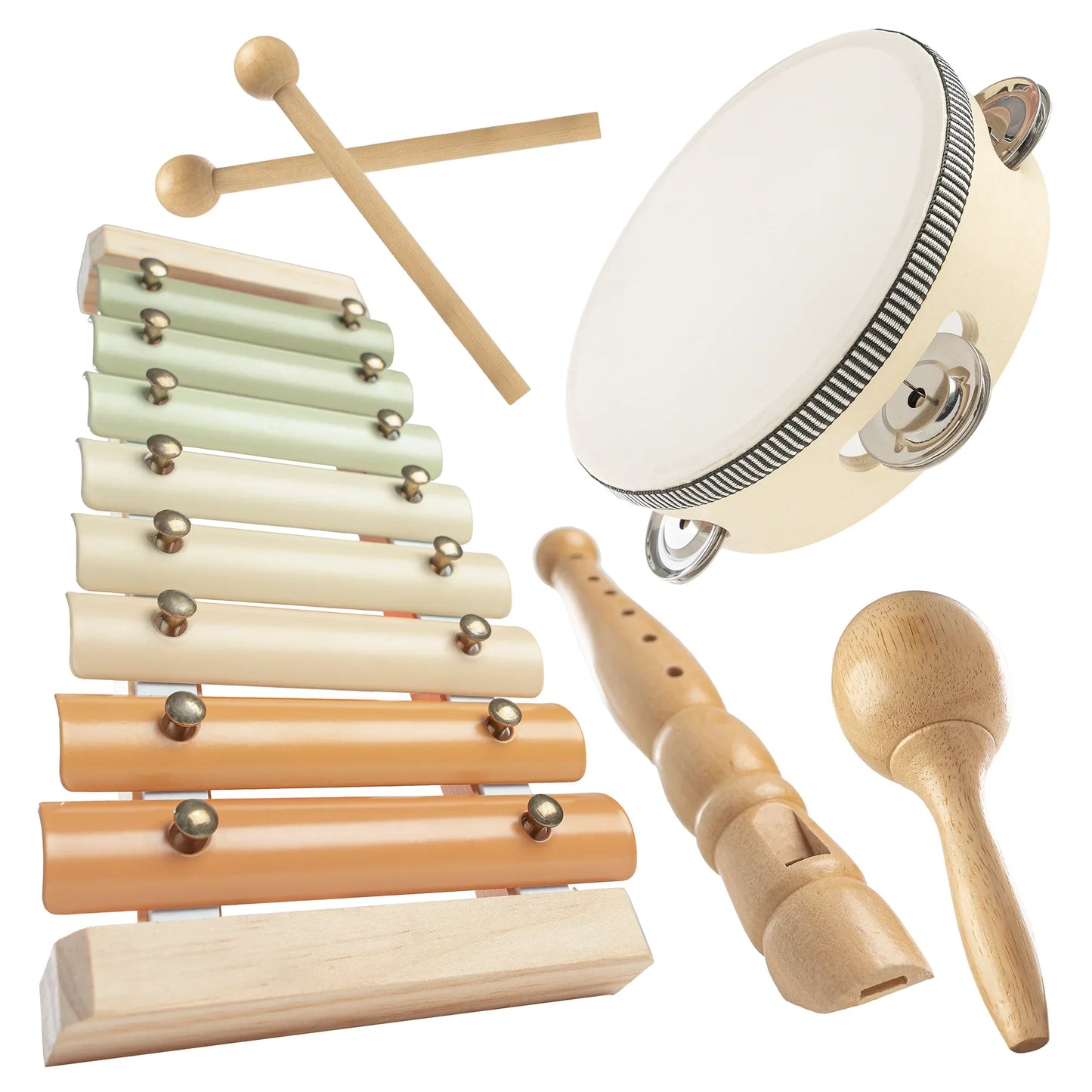 Wooden kids musical instruments set with xylophone, tambourine, recorder, maraca; Come see us at Awaken, Franklin, Tennessee