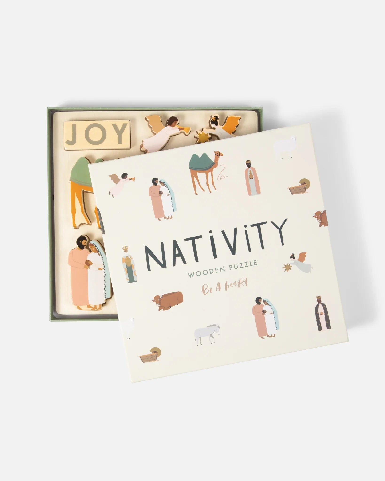 Nativity wooden puzzle box with illustrated pieces and JOY block, Come see us at Awaken, Franklin, Tennessee