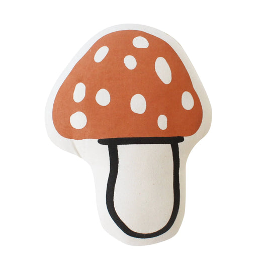 Mushroom-shaped throw pillow with red cap and white spots, Come see us at Awaken, Franklin, Tennessee