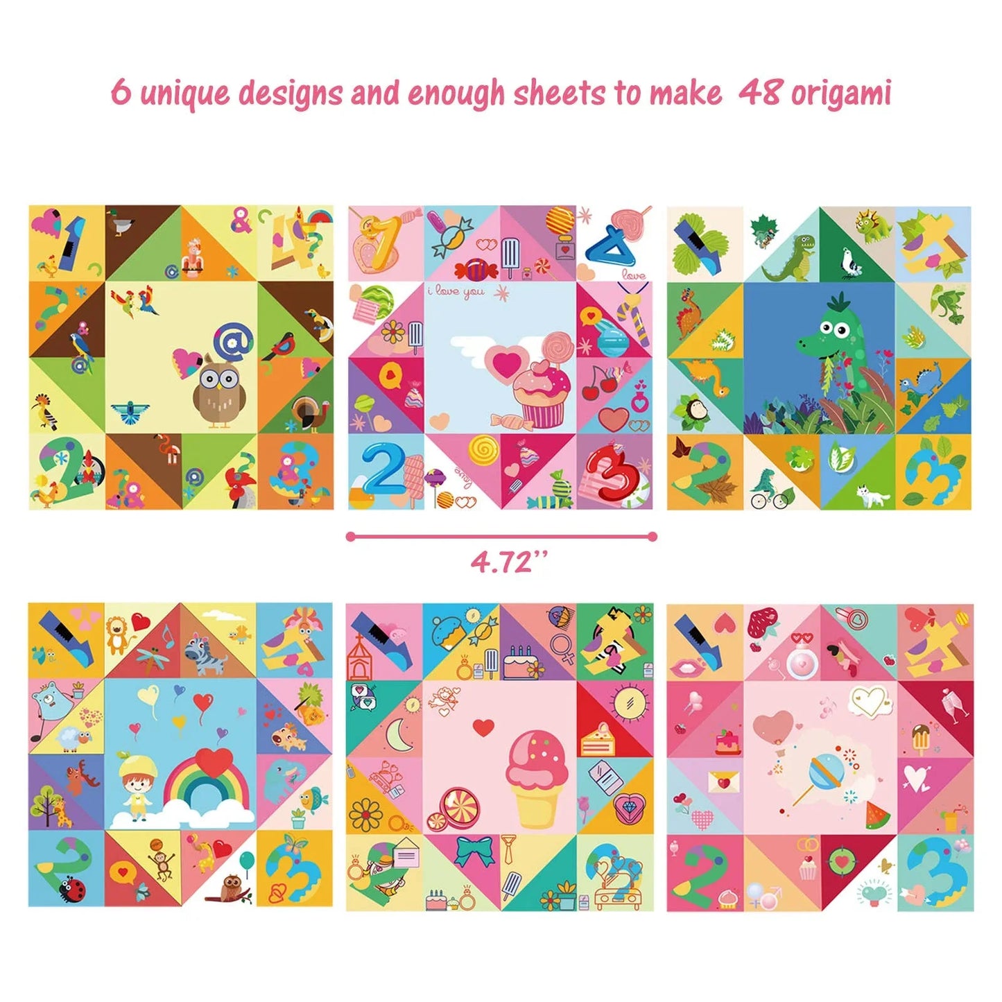 6 colorful origami paper designs for kids with animals, numbers, and hearts. Come see us at Awaken, Franklin, Tennessee.