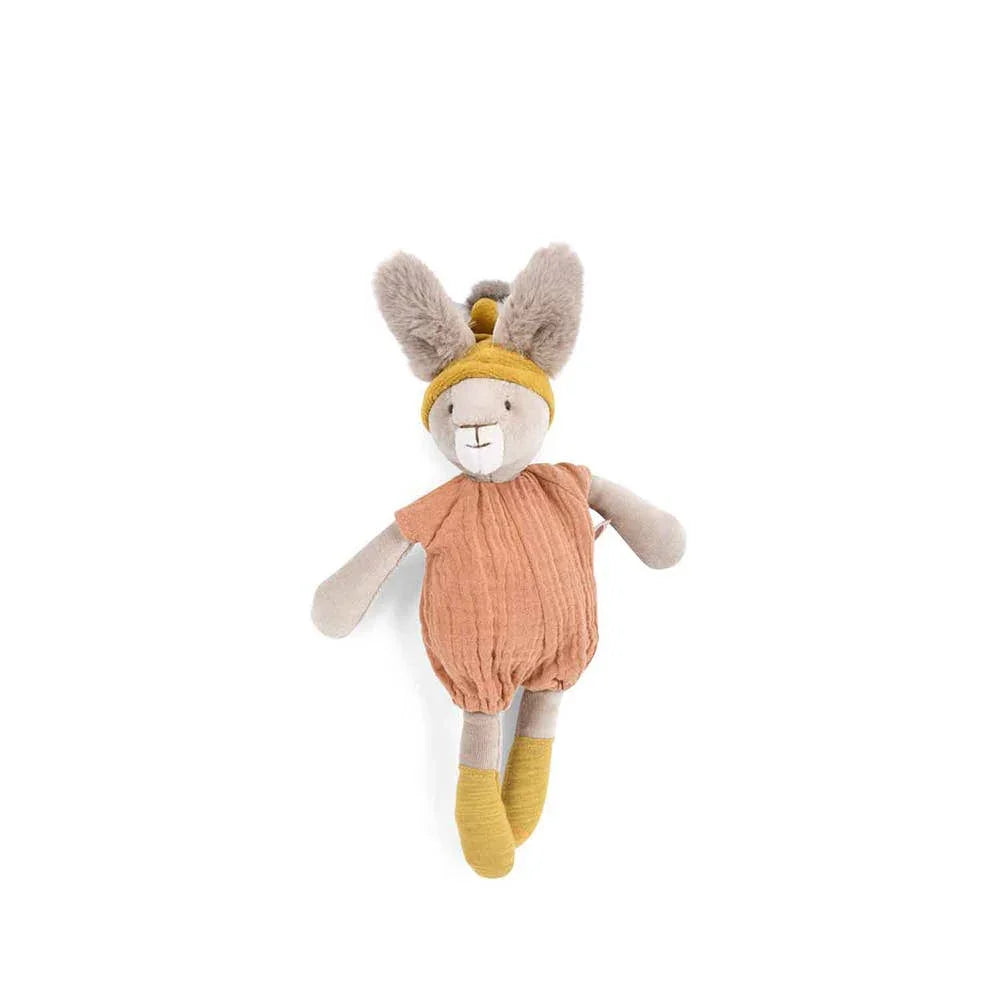 Plush bunny toy with floppy ears wearing orange romper and yellow hat and boots. Come see us at Awaken, Franklin, Tennessee