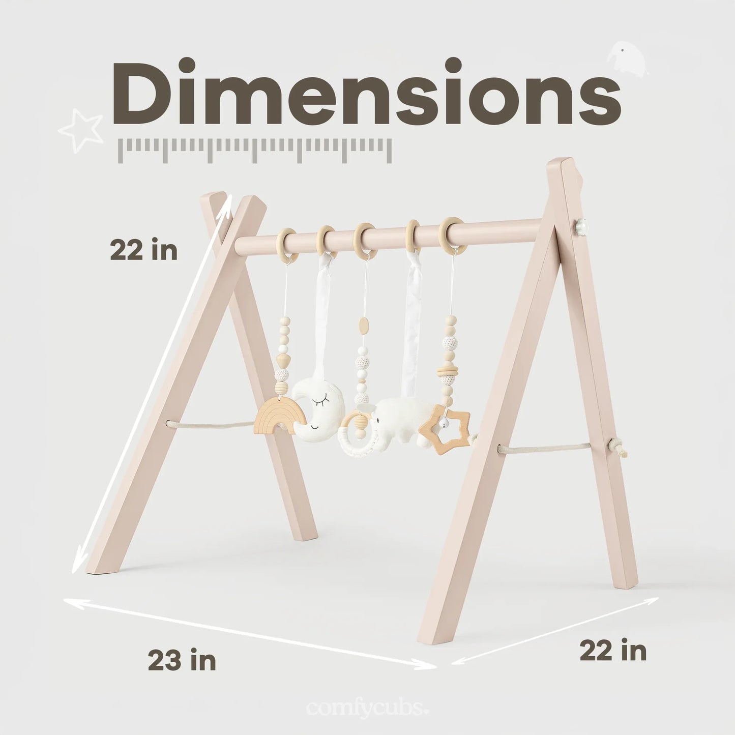 Beige wooden baby gym with hanging toys measuring 22x23 inches, natural decor, Come see us at Awaken, Franklin, Tennessee