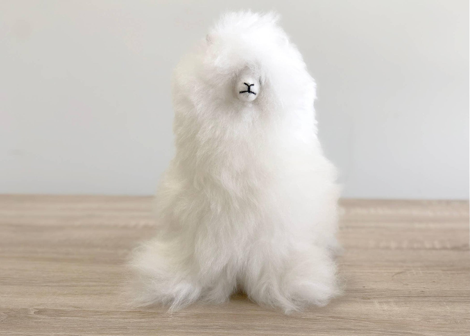 White fluffy alpaca plush toy on wooden table with light gray background. Come see us at Awaken, Franklin, Tennessee