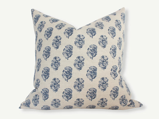 Textileish - Navy Blue Floral Pillow, Cream Blue Throw Pillow | Owen
