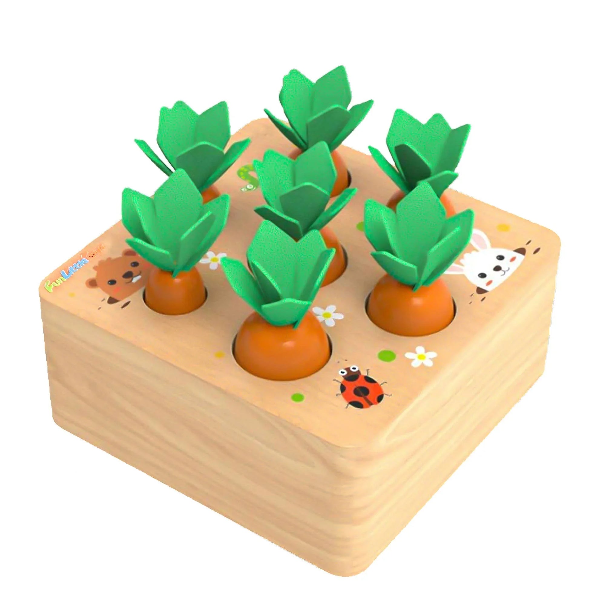 Wooden carrot toy puzzle for kids with colorful animals, flowers, and Come see us at Awaken, Franklin, Tennessee