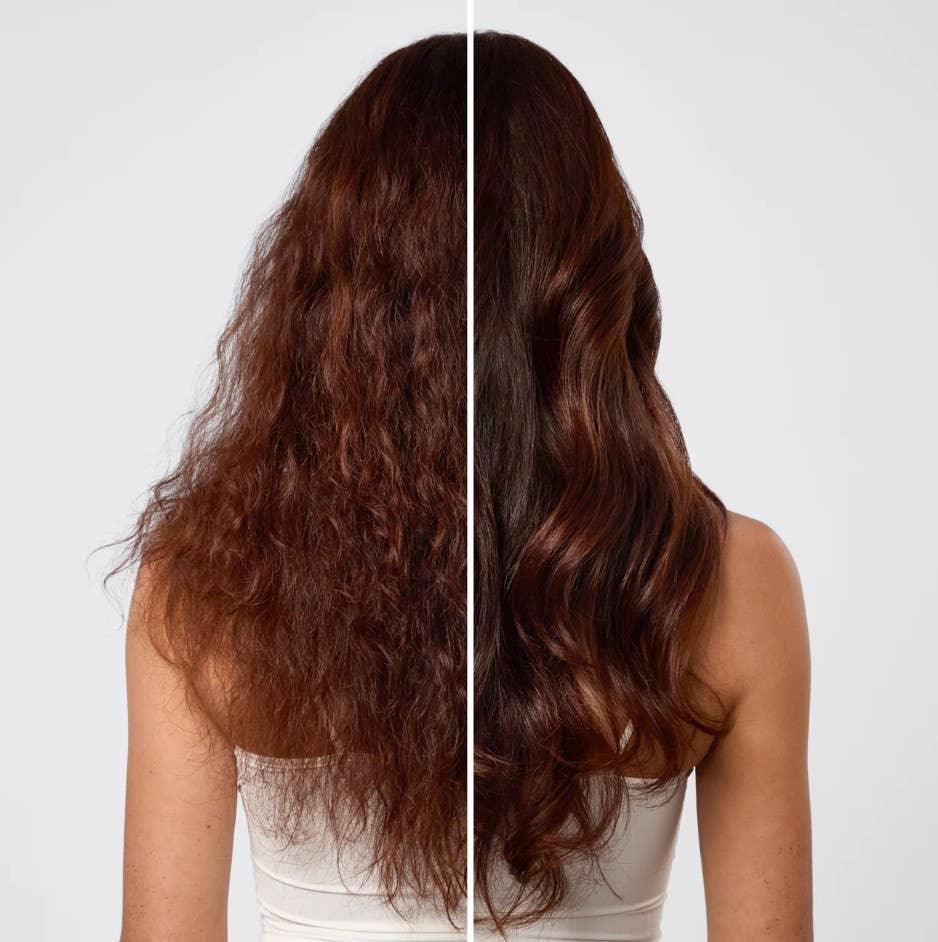Before and after of frizzy to smooth wavy brown hair, hair care treatment, Come see us at Awaken, Franklin, Tennessee