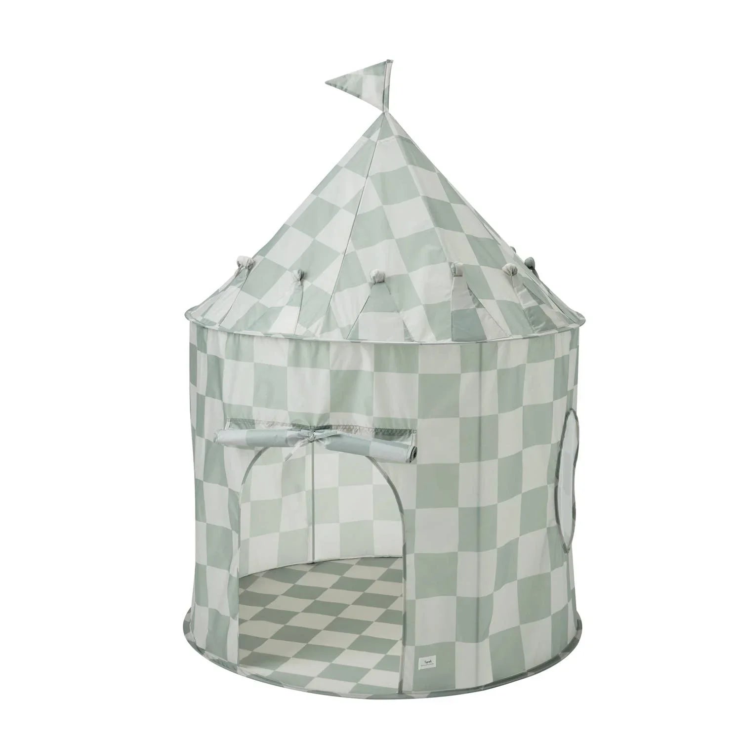 Checkered children play tent with flag, indoor castle style tent. Come see us at Awaken, Franklin, Tennessee