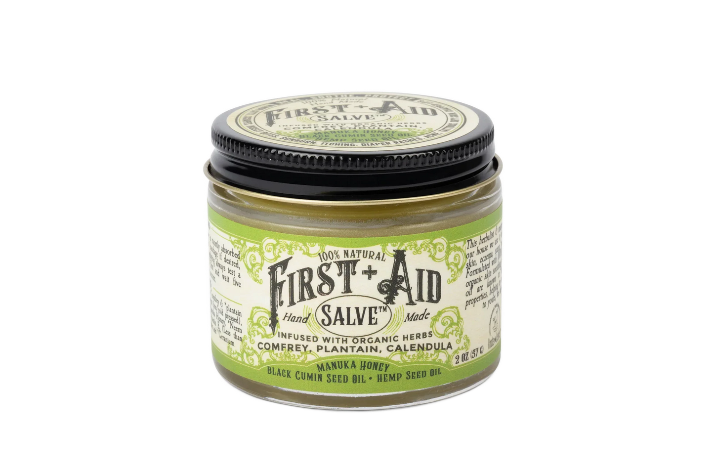 100% Natural First Aid Salve jar, organic herbal ointment with comfrey and calendula. Come see us at Awaken, Franklin, Tennessee