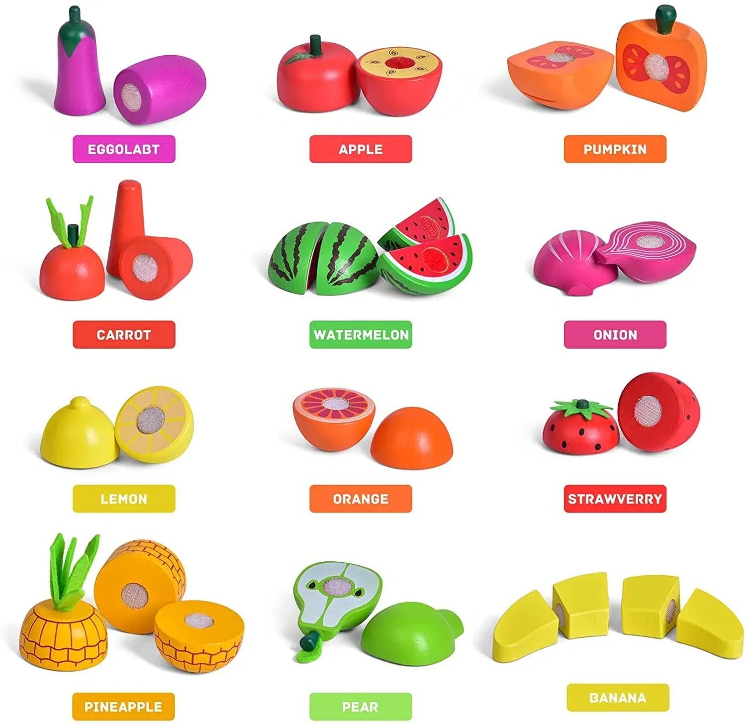 Wooden toy fruits and vegetables labeled eggplant, apple, pumpkin, carrot, watermelon, onion, lemon, orange, strawberry, pineapple, pear, banana; Come see us at Awaken, Franklin, Tennessee.
