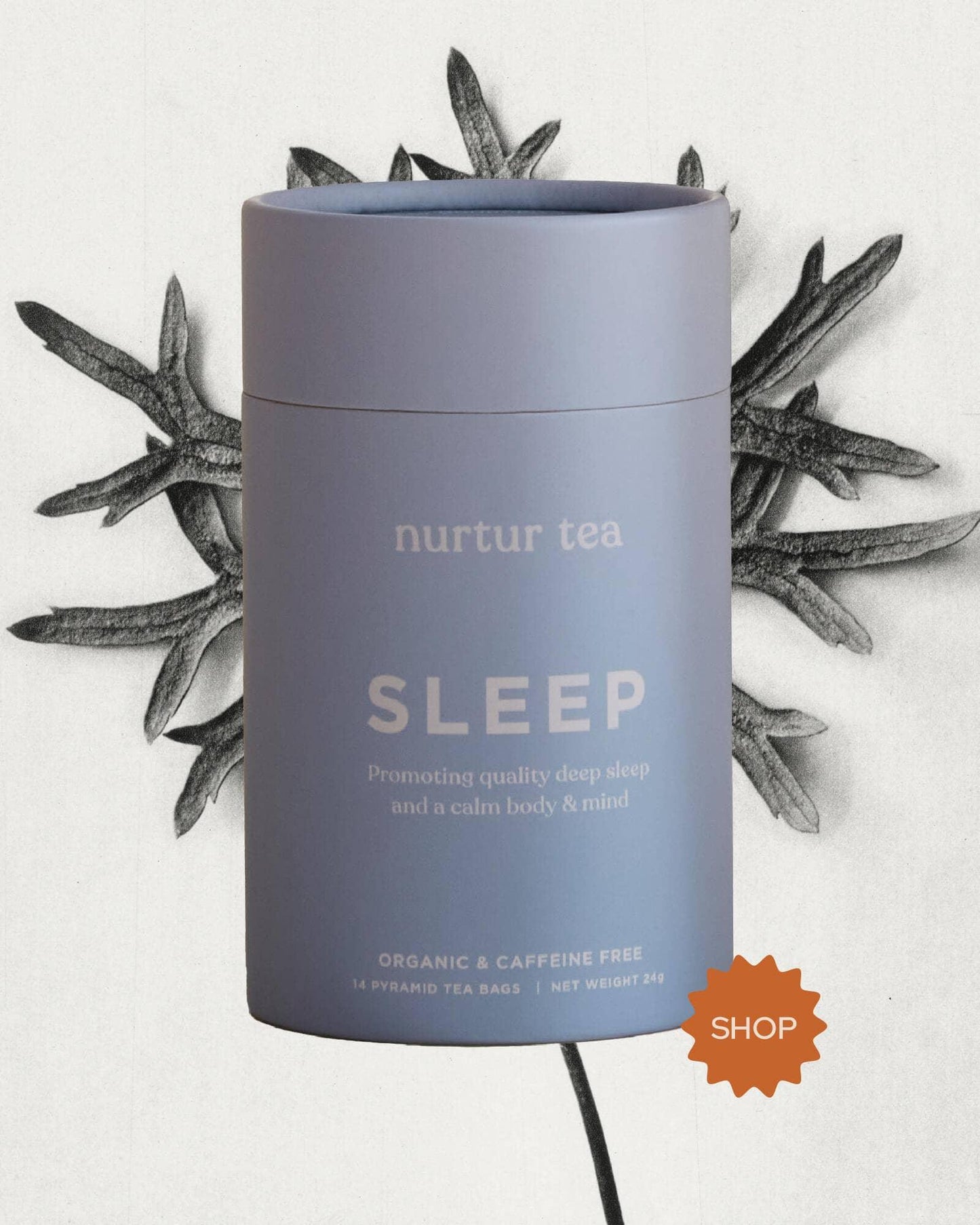 nurtur tea SLEEP organic caffeine-free tea promoting deep sleep with leaf background Come see us at Awaken, Franklin, Tennessee